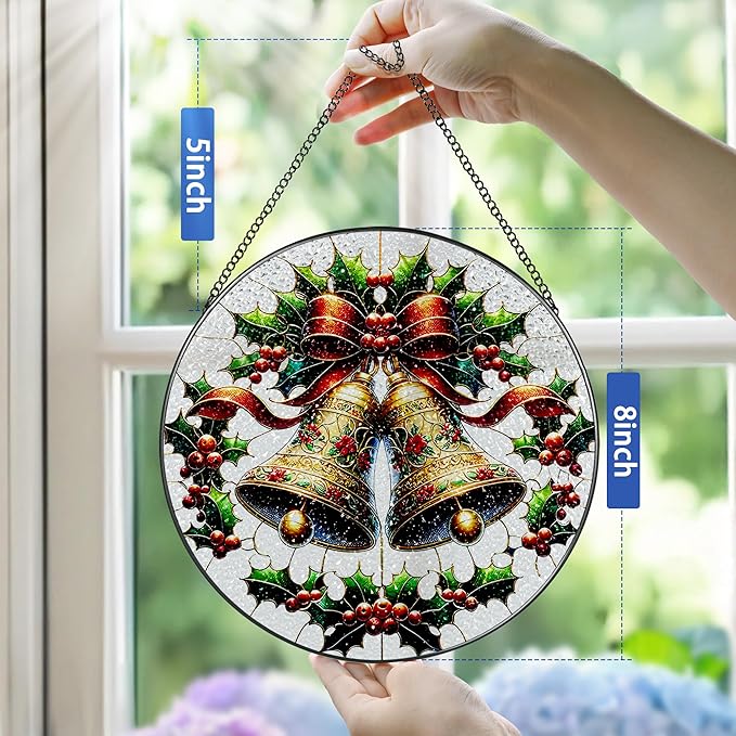 Stained Glass Window Hanging, Pauyadu Sun Catchers Indoor Window, Bells Christmas Suncatcher, Christmas Home Decor, Festive Gifts for Friends, Neighbor - 8 Inch