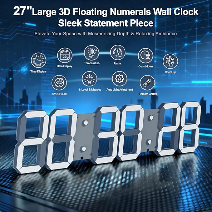 Large Digital Wall Clock 27" with Remote Control,3D Led Clock Adjustable Brightness Timer 12/24 Hr Time/Date/Temperature for Living Room/Office/Restaurant