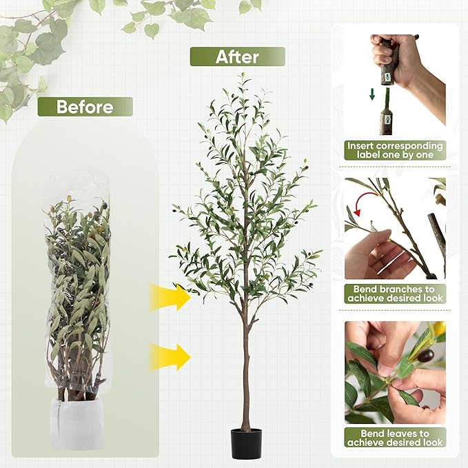 2 Pack Artificial Olive Tree 6FT, Tall Faux Olive Trees for Indoor Outdoor, Realistic Potted Plant Natural Wood Trunk, Leaves and Fruits for Home Office Decor (2, 6FT)