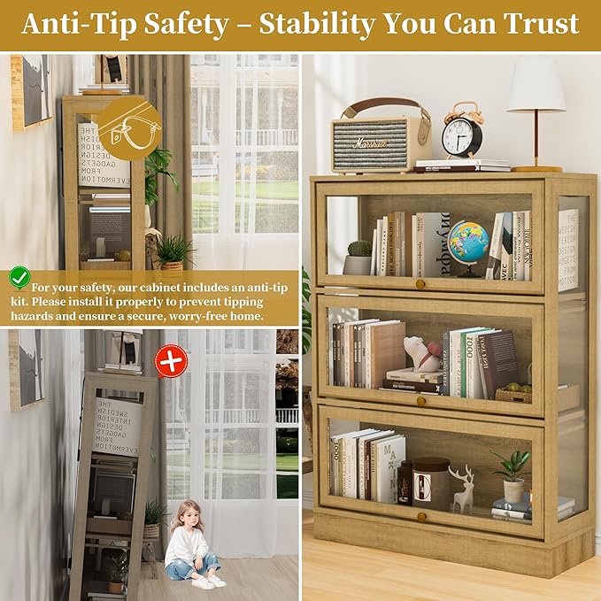 Display Cabinet with Acrylic Glass Doors,3-Tiers Curio Cabinet with LED Lighting for Collectibles, Collectibles Toy Organizers Rack & Display Shelf Display Case Storage Cabinet, Nature