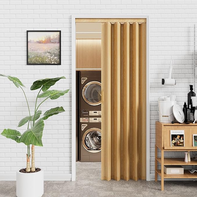 24"-36" x 80" Accordion Doors Interior - Vinyl PVC Bifold Accordion Closet Doors, Includes Door & Mounting Hardware, Handle, Temporary Folding Door for Doorway Pantry Laundry, Oak
