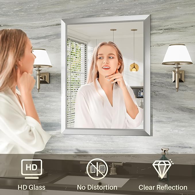 36x32 Inch Brushed Nickel Bathroom Mirror for Wall, Thick Metal Framed Rectangle Mirrors for Over Sink, Bedroom, Living Room, Entryway, Anti-Rust, HD Tempered Glass
