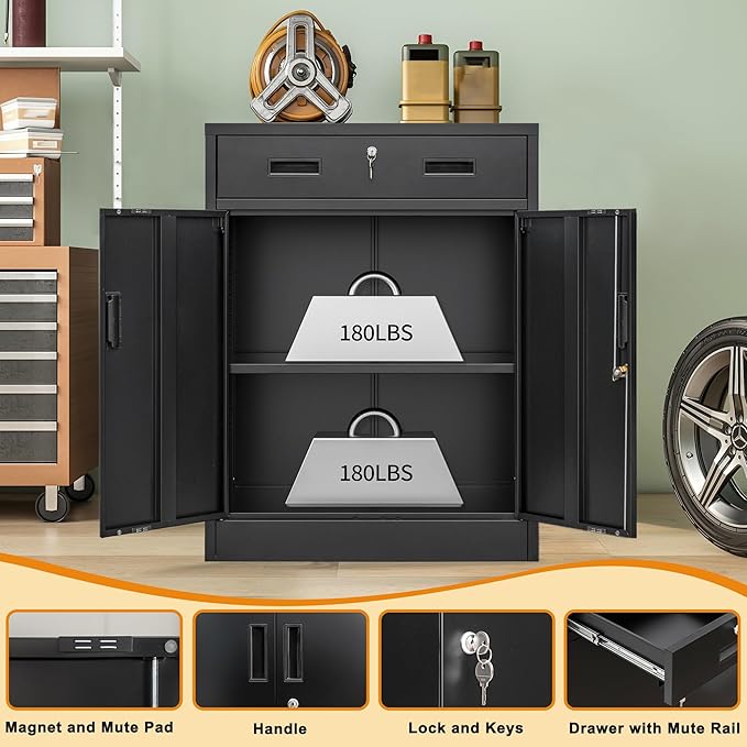 Metal Storage Cabinet, Locking Cabinet with One Drawer and Adjustable Shelf, 36" H x 28" W x 16" D Steel Storage Cabinet for Office, Garage, Home-Black