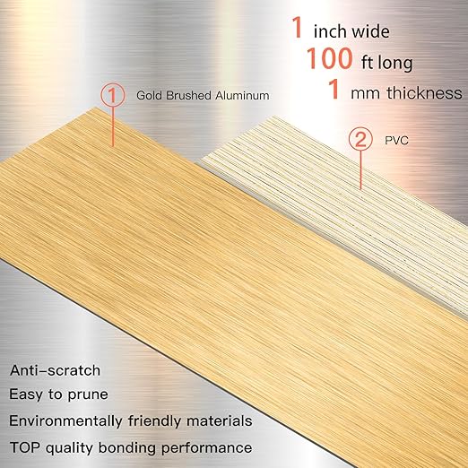 GSCIT Club Gold Edge Banding, 1 Inch x 100ft Aluminum Brushed Edge Banding PVC Edge Trim for Cabinet Repair Furniture