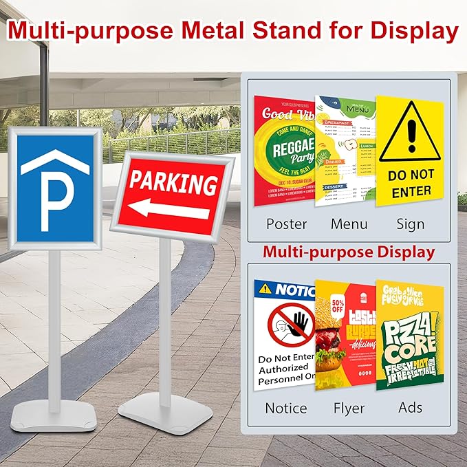 Heavy Duty Standing Sign Holder 11x17 Inch - Pedestal Floor Sign Stand with Weighted Base - Vertical & Horizontal View Poster/Menu Holder for Indoor/Outdoor Business Store Advertising, Silver