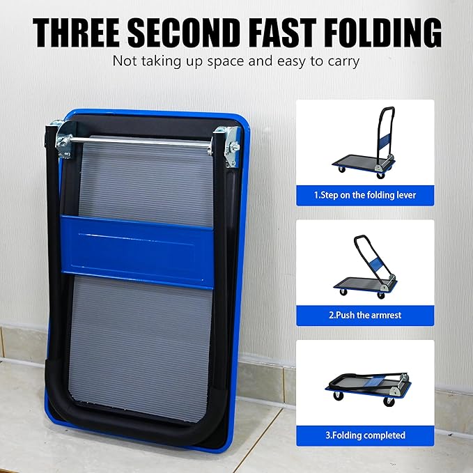 Blue Folding Platform Hand Truck 330 lbs Capacity, Heavy Duty Flatbed Dolly with 360° Swivel Silent Wheels, Foldable Steel Push Cart for Warehouse, Office, and Home Storage