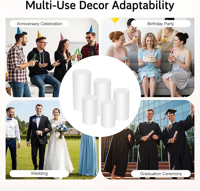 Cylinder Stands for Party, 5Pcs Round Pedestal Stand, Foldable White Round Large Columns Tables, Plinth Pillars for Parties Baby Shower Birthday Wedding Display Decoration Ceremony Art Decor
