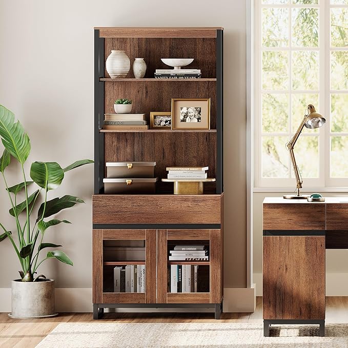 WAMPAT Modern 72" Tall Bookcase with Drawer and Open Book Shelfs, Library Book Shelf with Glass Doors Storage Cabinet, Wood Freestanding Bookshelf for Home Office, Living Room, Brown