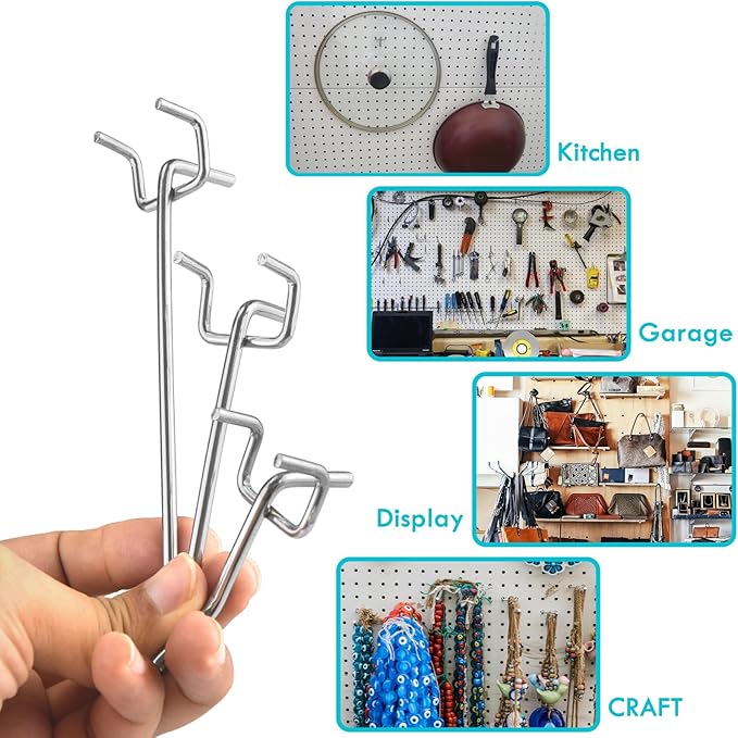 Pegboard Hooks Accessories - 62pcs 2/4/6 Inch Metal Peg Board Tool Hangers, Fits 1/8 1/4 Pegs Slots, Pegboard Wall Organizer Shelving Racks, Hanging Display Storage Holders for Garage Craft Office