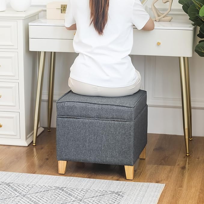 Adeco 17.5" Square Fabric Ottoman with Storage, Upholstered Cotton Linen Foot Rest, Flip Top Footstool, Small Cube Coffee Table Extra Seat for Living Room, Bedroom, Grey with Burlywood Legs