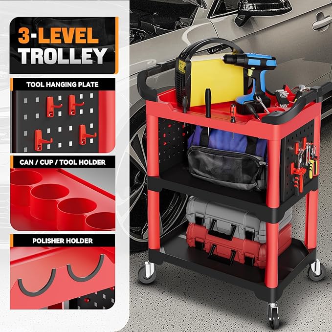 Auto Dynasty 3-Level Rolling Cart Trolley Storage Detailing Cart with Cup Holders Pegboard 120 kg/260 Lbs Capacity on Wheels Fits Garage, Warehouse, Home and Workshop, Black/Red