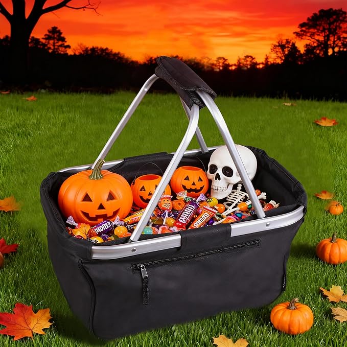 Picnic Basket, SIYUAN Collapsible Shopping Basket 24L Portable Grocery Basket with 2 Handles Reusable Folding Market Basket Leak-Proof Laundry Basket for Travel, Black