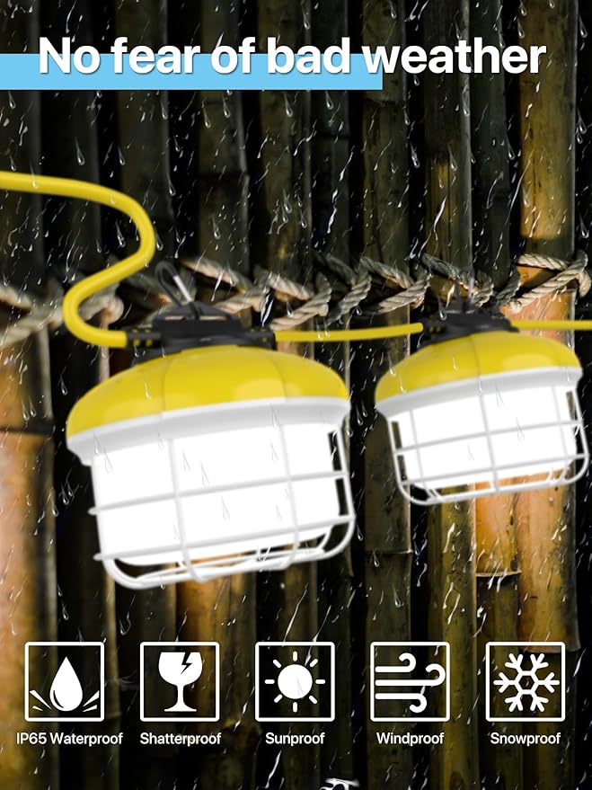 HYPERLITE LED Construction String Lights: 50FT LED String Work Lights with 5 Bulbs - IP65 Waterproof Linkable Temporary Lighting for Job Site Attic Renovation Crawlspace Lighting
