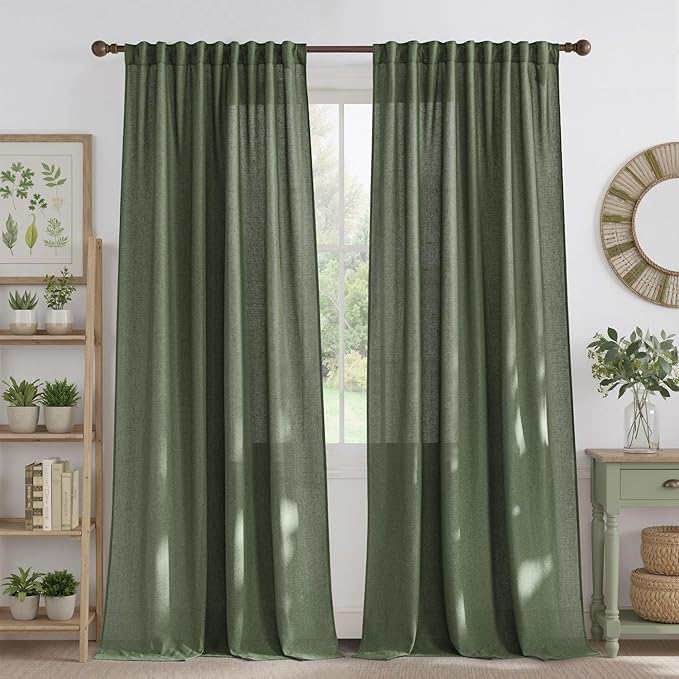 NICETOWN Thick Linen Blend Semi Sheer Forest Green Curtains, Pleat Tape Privacy Added Drapes with Light Filtering Window Treatments for Bedroom/Living Room, W52 x L84, 2 Panels
