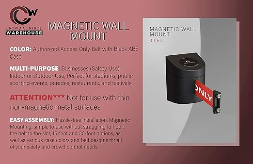 Crowd Control Warehouse - CCW Series WMB-230 Magnetic Wall Mount Retractable Belt Barrier - 30 Foot, Authorized Access Only Belt with Black ABS Case, Crowd Control Barriers