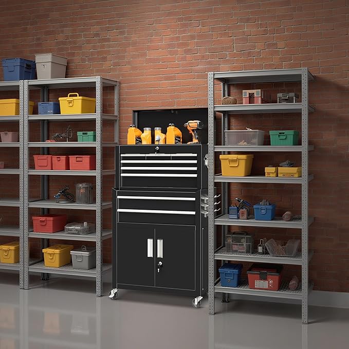 Bonusall 8 Drawer Rolling Tool Chest and Cabinet Combo,Heavy-Duty Metal Garage Tool Chest with Wheels and 2 Doors,2-in-1 Top Box and Roller Cabinet Combo for Garage, Workshop, Warehouse-Black