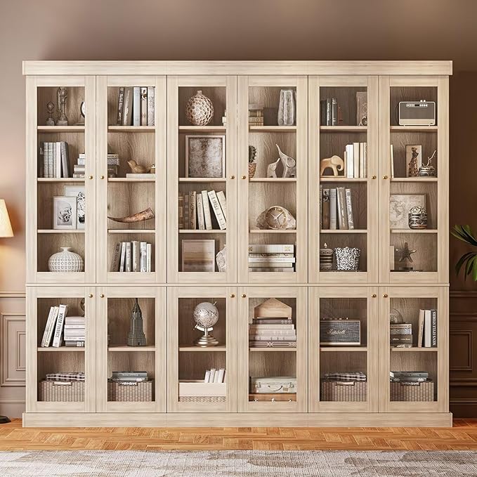 Vyre 70.8" Tall Brown Bookshelf with Glass Doors, Farmhouse Modular Bookcase with 6-Tier Adjustable Shelves, Large Storage Cabinet for Home Office, Living Room, Set of 4