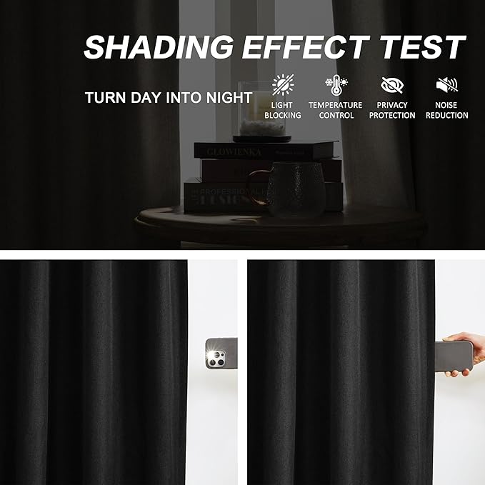 DUALIFE Black Linen Pinch Pleated Blackout Curtains & Drapes 92 Inch Long 2 Panel Sets, Accordion Style Track Room Darkening Thermal Insulated Curtains with Hooks Back Tab 50 by 92 Inch