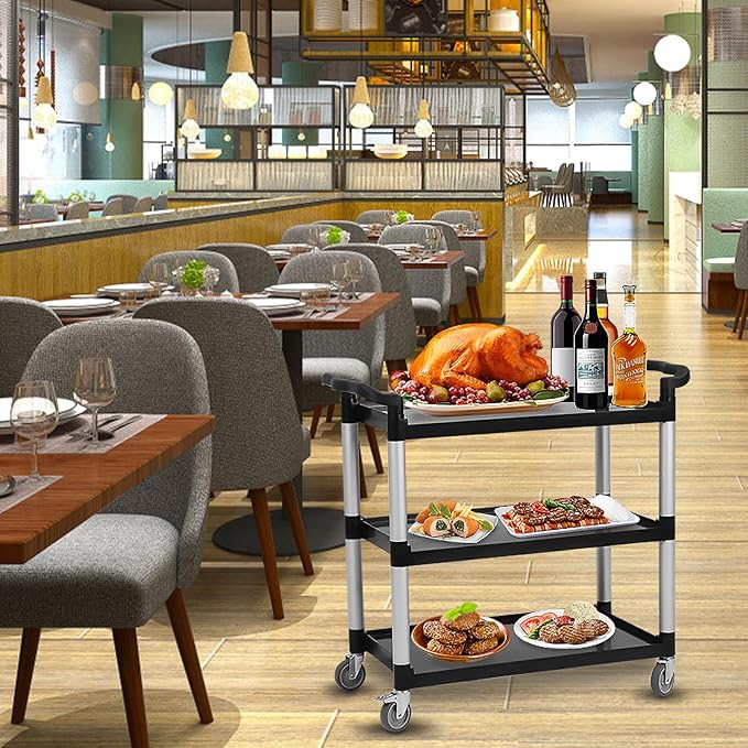 Service Cart 3 Shelf, Plastic Heavy Duty 3-Tier Utility Cart with Wheels, Rolling Utility/Push Cart for Foodservice/Commercial/Restaurant/Office/Warehouse/Kitchen/Hotel