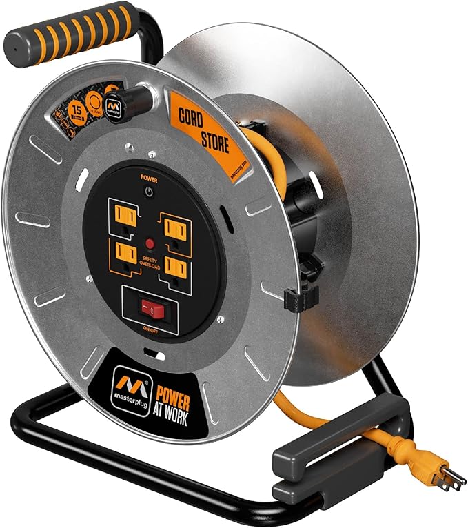 Masterplug 1ft Cord Reel, Metal Cable Drum, Retractable Extension Lead with Winding Handle, Safety Overload Circuit Breaker and Power Switch, 4x Grounded Outlets, 15amps, 12AWG Cable