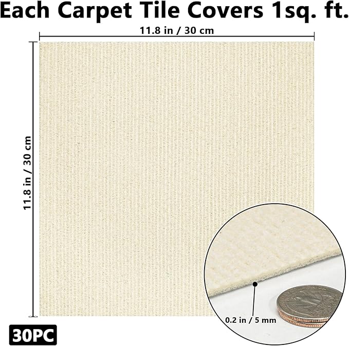 30Pcs Carpet Tiles Peel and Stick, Self Adhesive Carpet Floor Tile 12” x 12”, White Soft Padded Flooring Sticker, Home Decor for Bedroom Living Room Office, 30 sq ft per Box