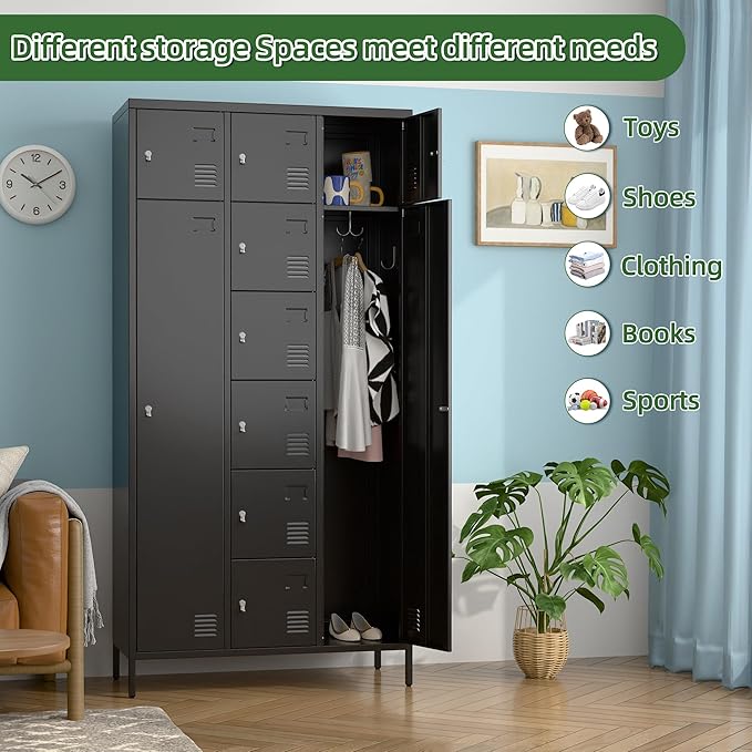 Aobabo Metal Storage Locker for empolyees, 10 Doors Metal Lockers with Hooks, for School, Home Office, Garage, Assembly Required, Black