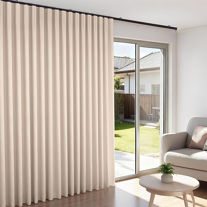 Room Divider Blackout Curtains Flexible Sliding Tracks Sets Ceiling Mounted Rod Window Curtain Privacy Separation for Bedroom Living Rooms,1 Panel Beige Drape and Black Track Set-W180xH72 in