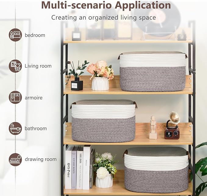 Cotton Rope Basket, Storage Baskets with Handle, 15x10x9 Inch Woven Basket for Shelves, Laundry, Towels, Clothes, Books (White Brown 3 Pack)