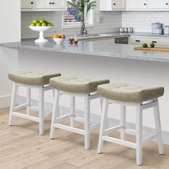 Counter Height Bar Stools Set of 6 for Kitchen Counter Farmhouse Modern Barstools with Faux Leather Upholstered Backless Seat and Solid Wood Legs 24 inch Bar Chairs, Light Grey + White