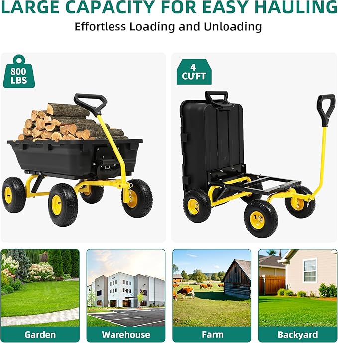 800LB Garden Dump Cart, 4 Wheel Wheelbarrow with 10”Tires, Heavy Duty Dump Cart Wagon with Quick-Release System & 10" Non-Flat Tires, Steel Frame Utility Cart for Yard, Farm, Hauling Firewood