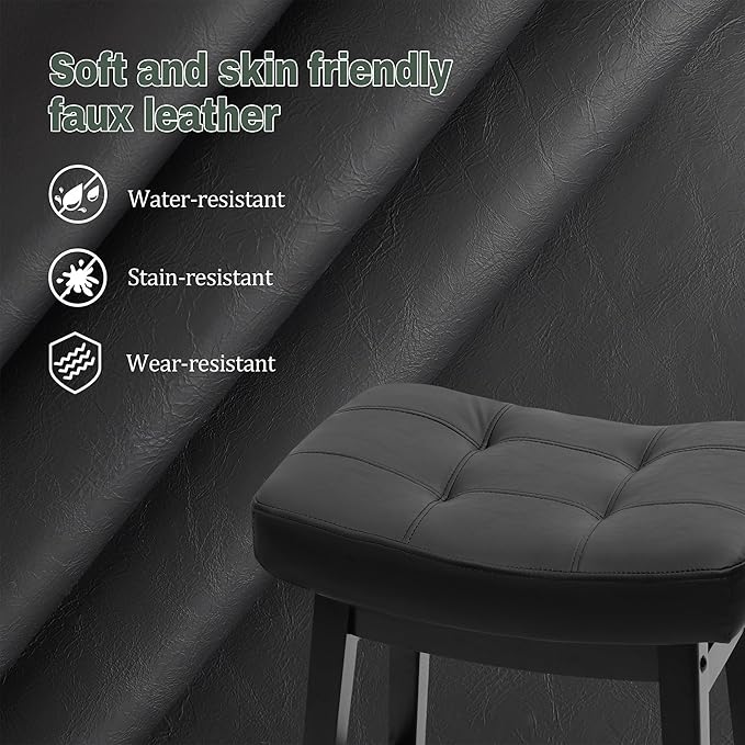 Counter Height Black Bar Stools Set of 3 for Kitchen Counter, Backless Farmhouse Kitchen Island Barstools with Upholstered Faux Leather Saddle Seat and Solid Wood Legs Modern 24 inch Bar Chairs