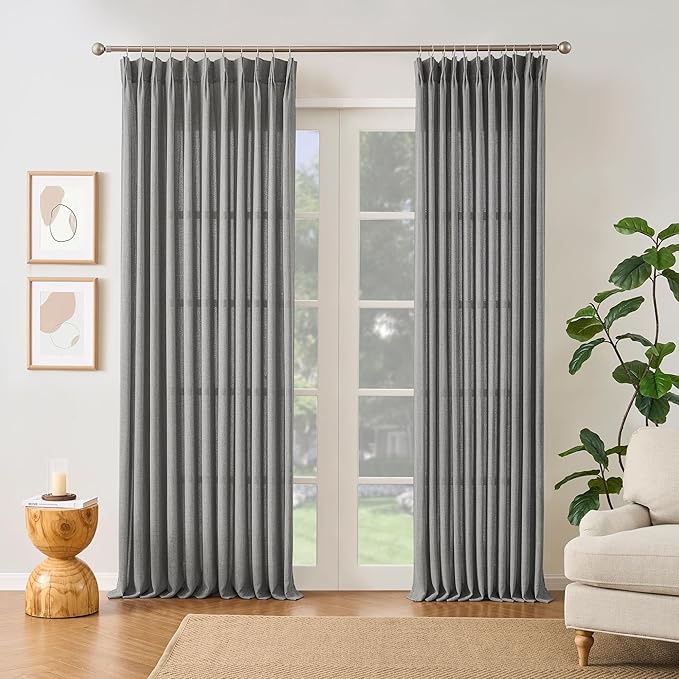 Grey Pinch Pleated Curtains 108 Inches Long 2 Panels, Soft Linen Textured Window Drapes for Bedroom Living Room Semi Sheer Light Filtering Back Tab with Hooks 70x108
