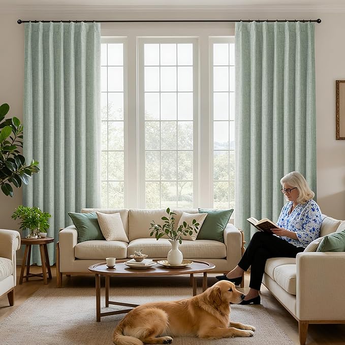 Joydeco Pinch Pleated Curtains - 100% Blackout for Bedroom, Sage Green Linen Curtains 40" W x 72" L, Thermal Insulated 2 Panels Light Blocking Drapes, Back Tabs for Living Room