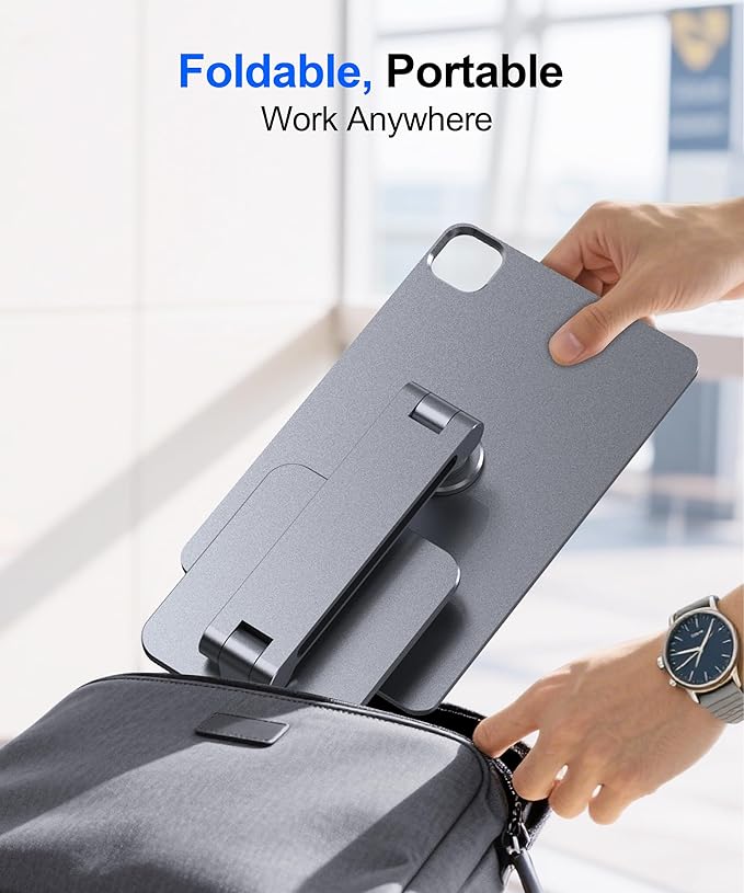 Magnetic iPad Stand with Wireless Charging, 35W Contact Fast Charger, Suction Cup Base, 360° Rotating Panel & Foldable, Compatible with iPad Pro11 M5 & M4 ONLY, Work & Study Desk - Gray