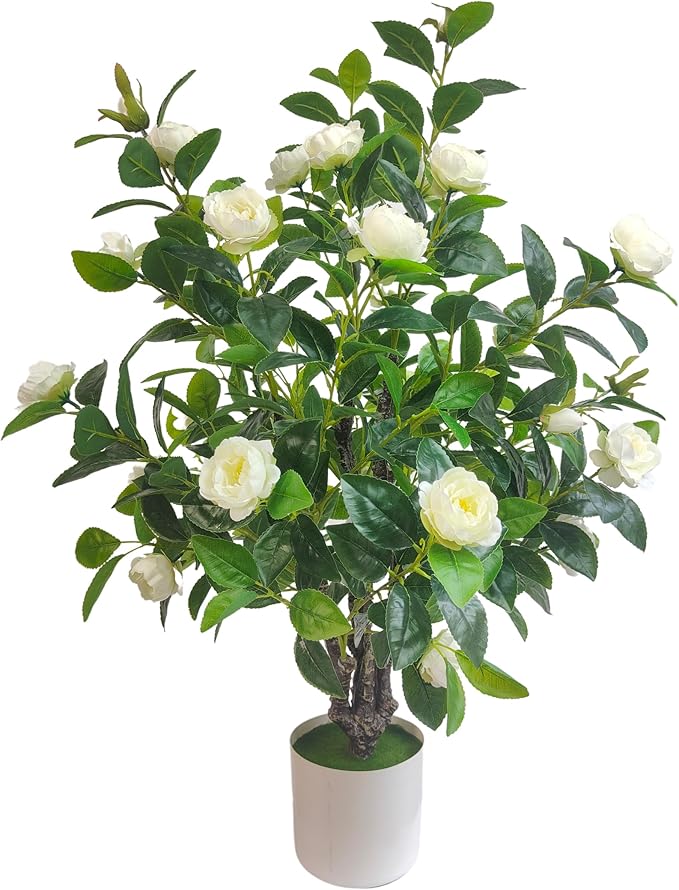 Artificial Camellia Tree 35in Faux Floral Plant with White Flowers and Green Leaves - No Maintenance Indoor Outdoor Office Home Porch Decor Housewarming Gift(1 Pack - White)