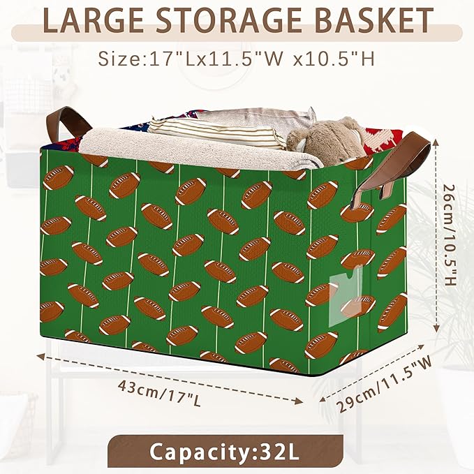 Football Storage Basket Large 17x11.5x10.5 Inches - Collapsible Sports Organizer Bin with Handles for Game Room,Toys,Laundry - Foldable Decorative Hamper with Football Pattern - Single Pack