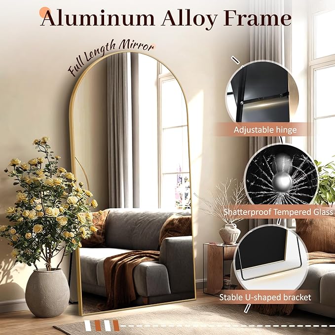 EOGOW 65" x 22" Arched Full Body Mirror,Standing or Leaning Tempered Glass Shatterproof Full Length Mirror with Stand for Bedroom Living Room Entryway,Gold