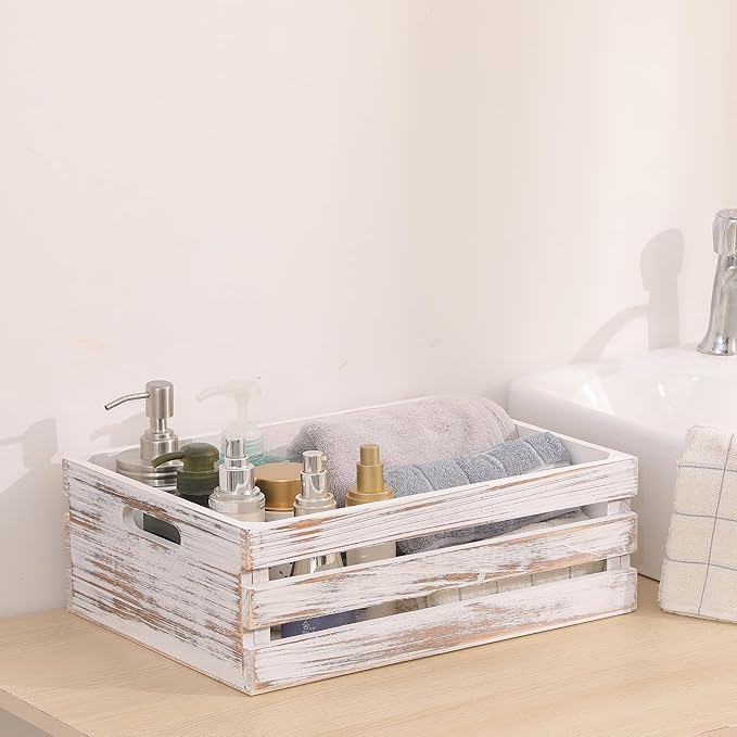 Large Size Wood Crates For Storage,Decorative Vintage White Wooden Crates For Display,Handmade Solid Wood Boxes,Set Of 3 Rustic White Wooden Crate. (vintage white)