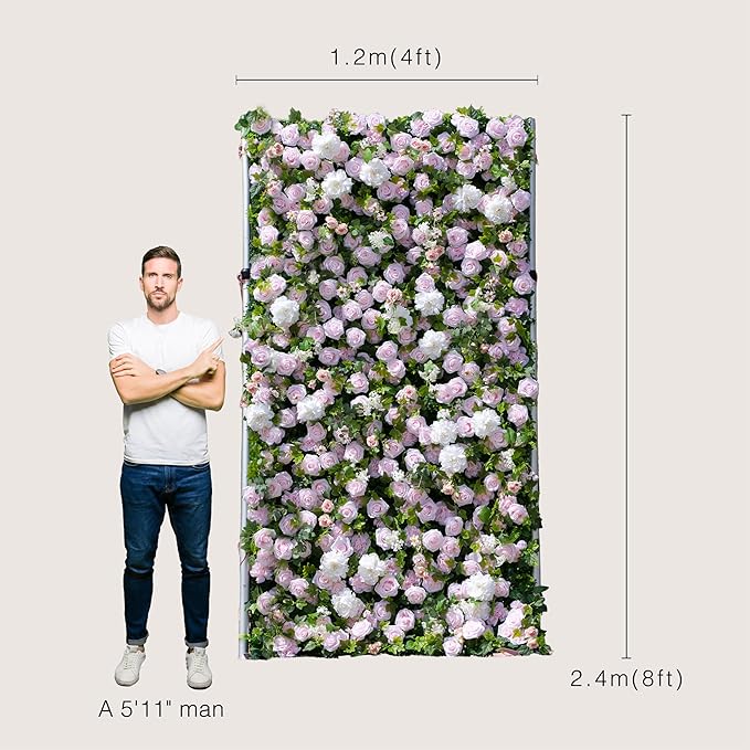 Artificial Luxury‌ Flower Wall Backdrop, Gorgeous 3D Silk Floral Backdrop for Wedding, Baby Shower, Party and Home Decor, Quick Assembly/Storage, Eco ＆ Pet Friendly, 2 pcs, Each Panel 2 * 8 ft.