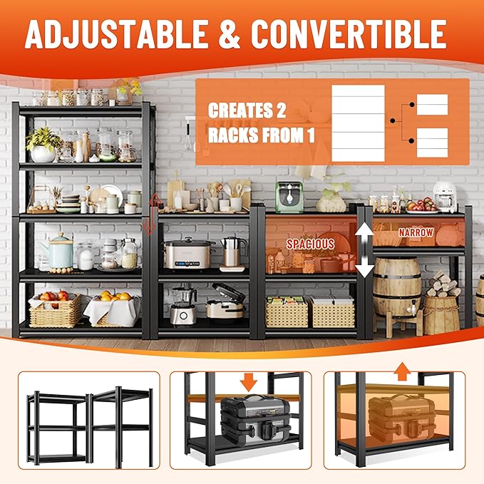 Garage Shelving Units, Heavy Duty 4-Tier Storage Shelves, Metal Adjustable Storage Rack, Steel Shelves, 2750 lbs Capacity, Industrial Shelving for Heavy Tools (Black, 4TIER 9.8"D×15.7"W×44"H, 4TIER)