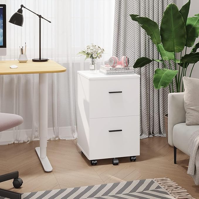 Panana 2 Drawer Wooden Mobile File Cabinet, Rolling Filing Cabinet with Wheels, Under Desk Storage Organizer for Letter/A4 Sized Files Home Office (WHITEE)