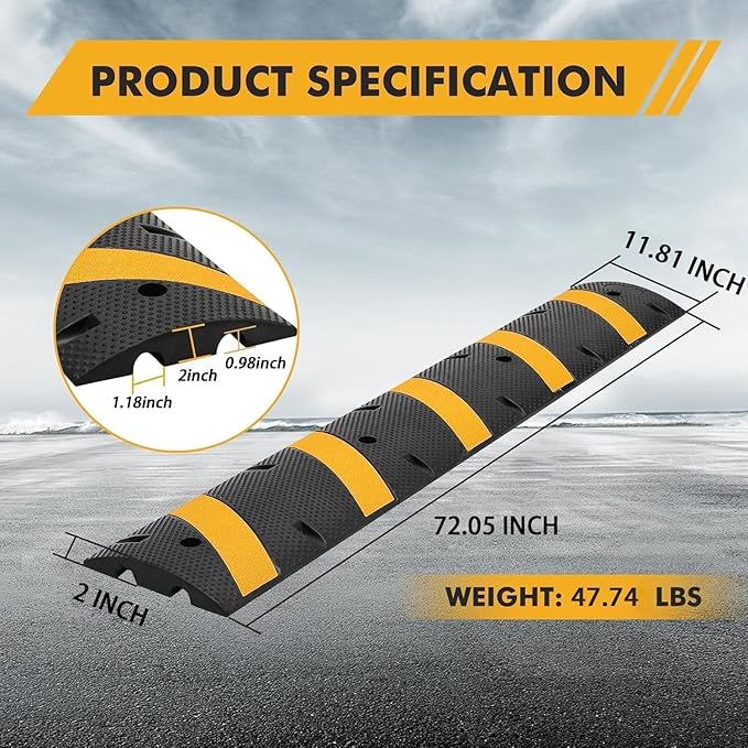 6 FT Heavy Duty Rubber Speed Bump 4-Pack, Driveway Cable Protector Ramp with Installation Bolts for Parking Lots, Garage & Gravel Roads