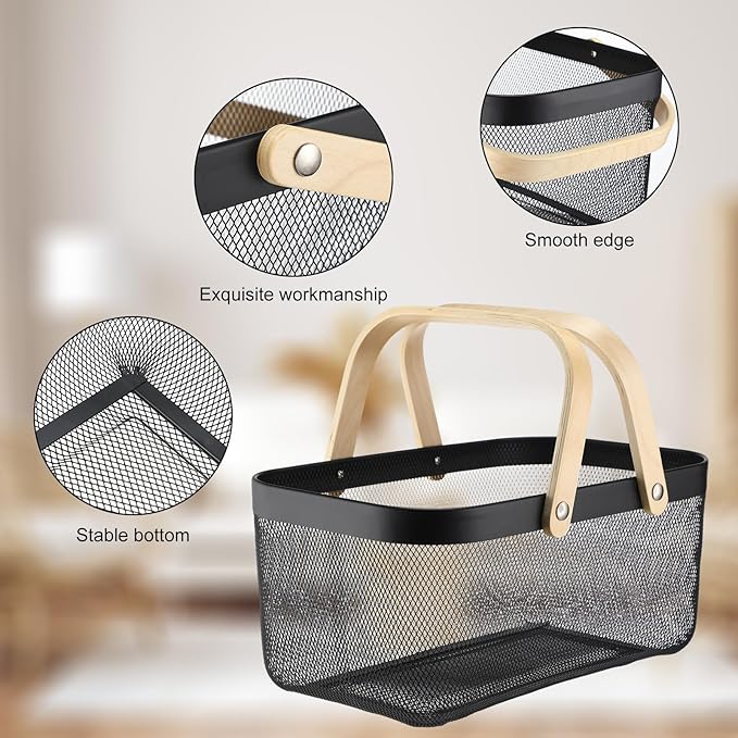Sadnyy 4 Pcs Metal Wire Storage Basket with Handle Mesh Harvest Durable Vegetables Fruit Basket for Garden Organizing, Kitchen, Countertop, Closet, Bedroom (16 x 9.8 x 7.1 Inch,Black)