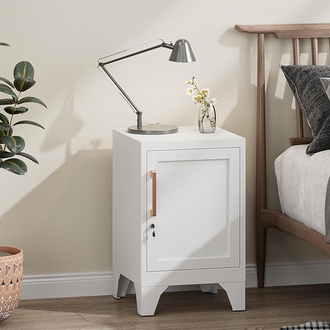 Bestoo Metal Locking Cabinet, 23.6" H Locker with 1 Magnetic Door and 1 Adjustable Shelve, Small Lockable Nightstand, White Bedside Storage Cabinets for Bedroom, Home, Office, School
