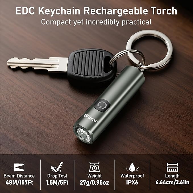 Blukar Rechargeable EDC Flashlight, Mini Keychain Flash Light with 3 Lighting Modes, Memory Function, Waterproof, Compact and Portable Pocket Light for Everyday Carry, Emergency,Camping-Gray