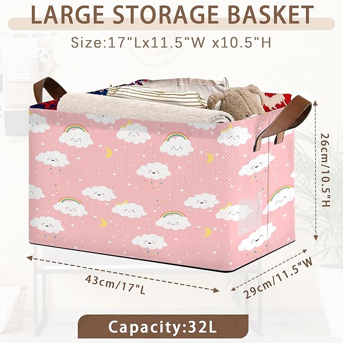 Pink Cloud Storage Basket Large 17x11.5x10.5 Inches - Collapsible Fabric Organizer Bin with Handles for Nursery, Girls Room, Toys - Foldable Decorative Hamper with Soft Fluffy Design - Single Pack