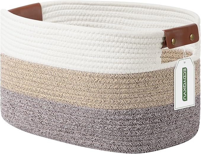 Cotton Rope Basket, Storage Baskets with Handle, 15x10x9 Inch Woven Basket for Shelves, Laundry, Towels, Clothes, Books, (Gradient Brown 1 Pack)