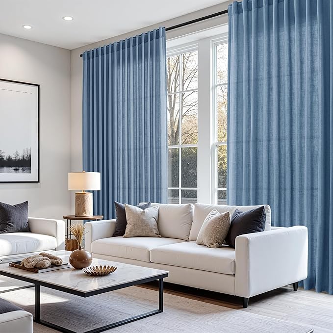Nanspring Stone Blue Linen Curtains 63 Inches Long 2 Panel Sets for Living Room Bedroom Rod Pocket Back Tab Light Filtering Drape for Kitchen Window Short Protect Privacy Curtain 52x63