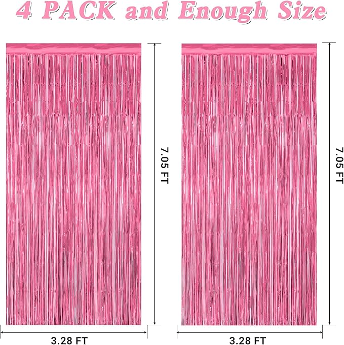 4 Pack Birthday Decorations, 3.28 FT x 7.05 FT Pink Backdrop, Metallic Happy Birthday Backdrop Fringe Curtains Party Streamer, Bachelorette Party Decorations Princes Birthday Valentines Party Decor
