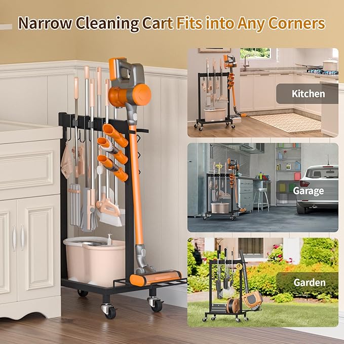 Cleaning Supplies Organizer with Broom Holder Load 150 LBS Cleaning Cart with Wheels Broom Closet Storage with 6 Mop Hanger Grippers, 3 Double-Hooks, Vacuum Stand for Laundry Room Organization, Black